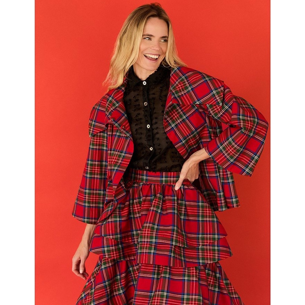 NWT Buru Grace Coordinating Tartan Printed Brocade Oversized Point Collar Coat - Picture 3 of 9